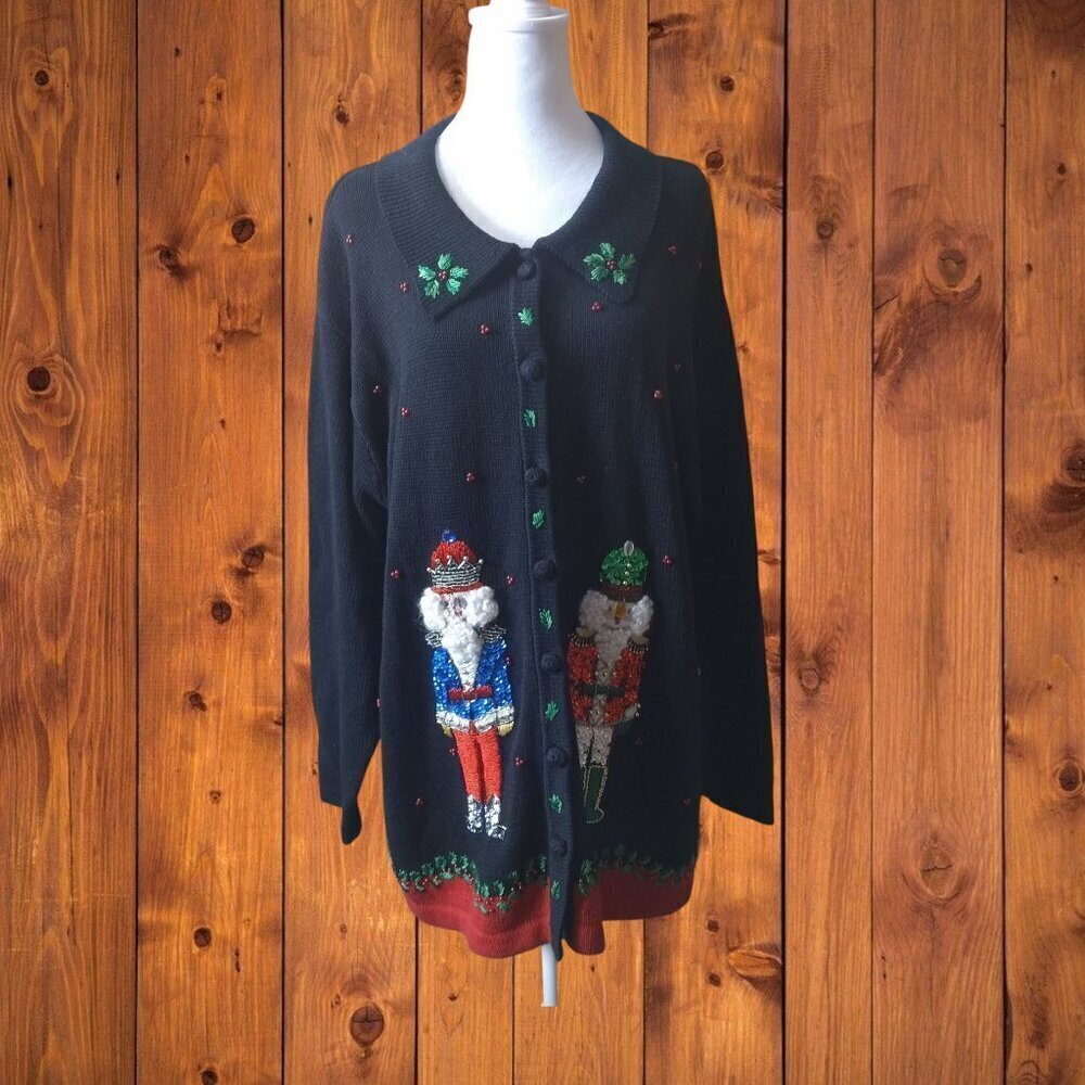 Victoria Jones Size 1X Black Button Up Christmas Cardigan Nutcracker Vintage
